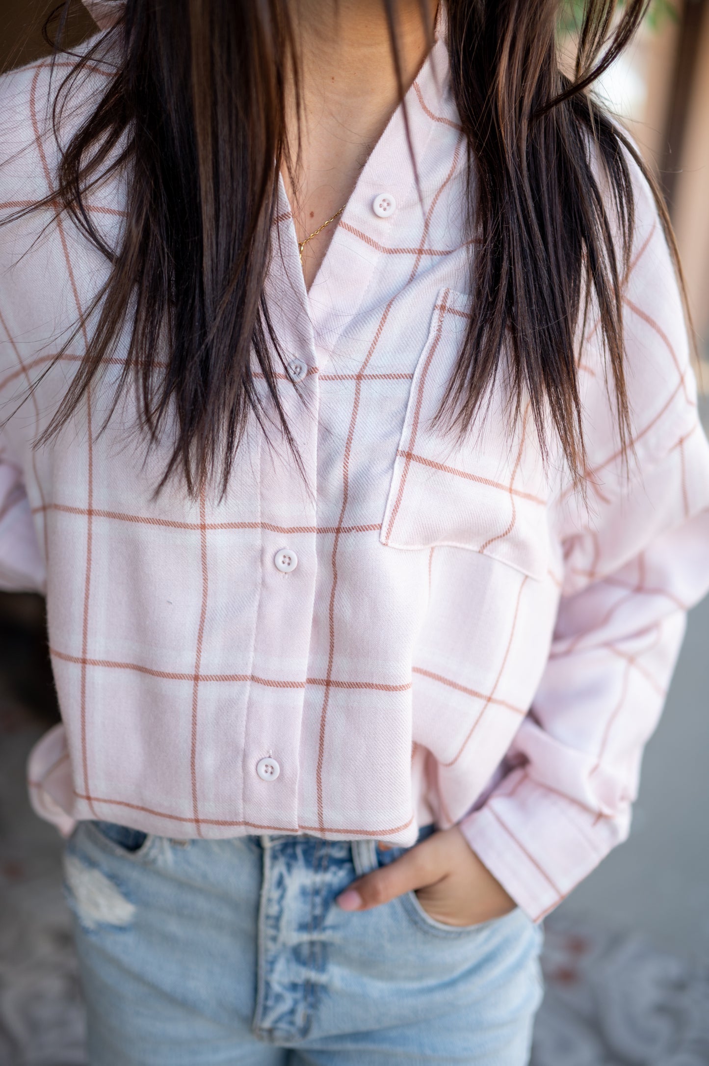 Hawk Plaid Button Up - Shell Pink