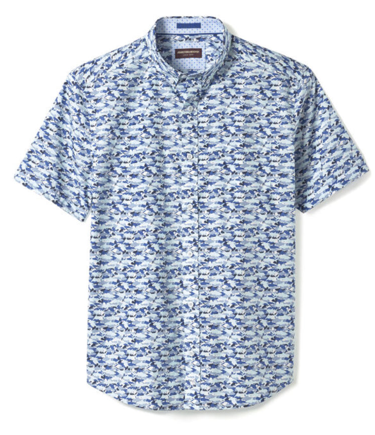 Cotton SS Button Up - Blue Hidden Shark