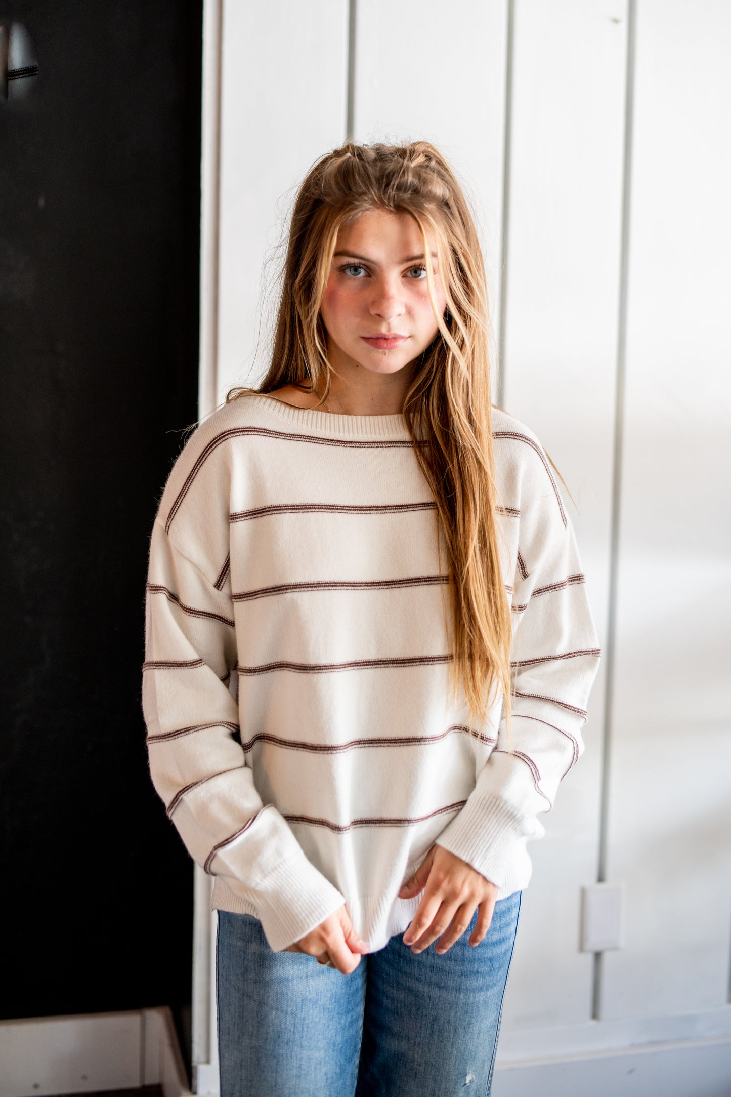 Simone Strip Sweater - White