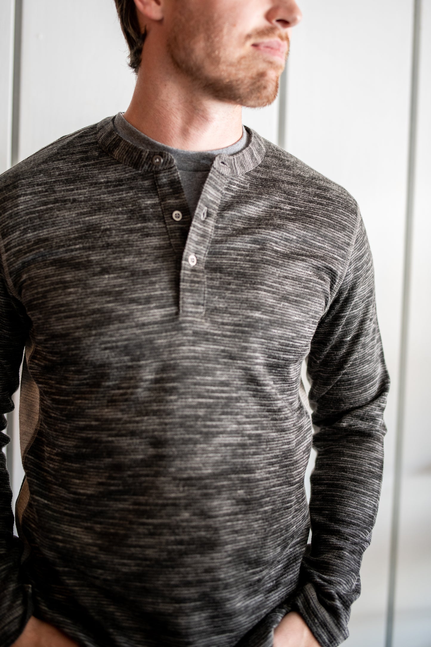 Striated Knit Henley - Charcoal